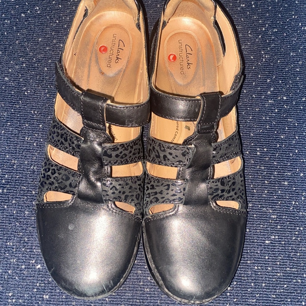 Clarks Appley Animal Print Strap Mary Jane Black Leather Size US 8.5M NWT
